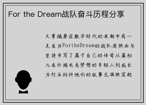 For the Dream战队奋斗历程分享