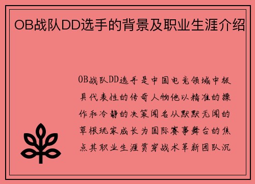 OB战队DD选手的背景及职业生涯介绍